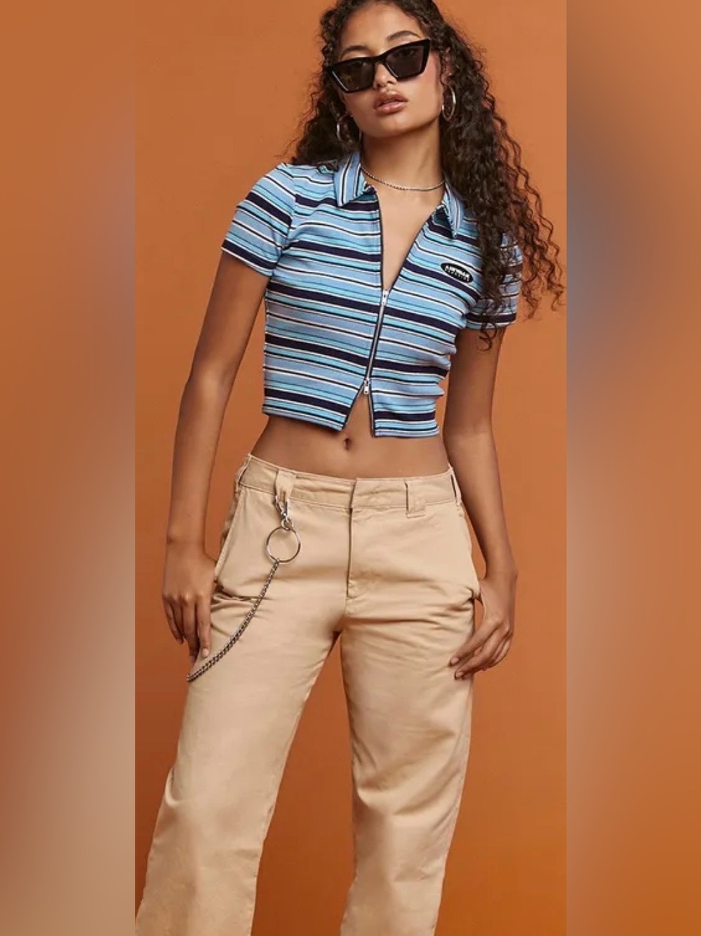 Forever 21 x Airwalk Blue Striped Zip Up Polo Crop Top Ribbed Y2K Skater L